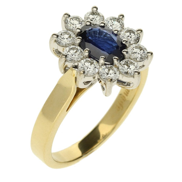 18ct Yellow Gold Diamond & Sapphire Cluster Ring - Size M