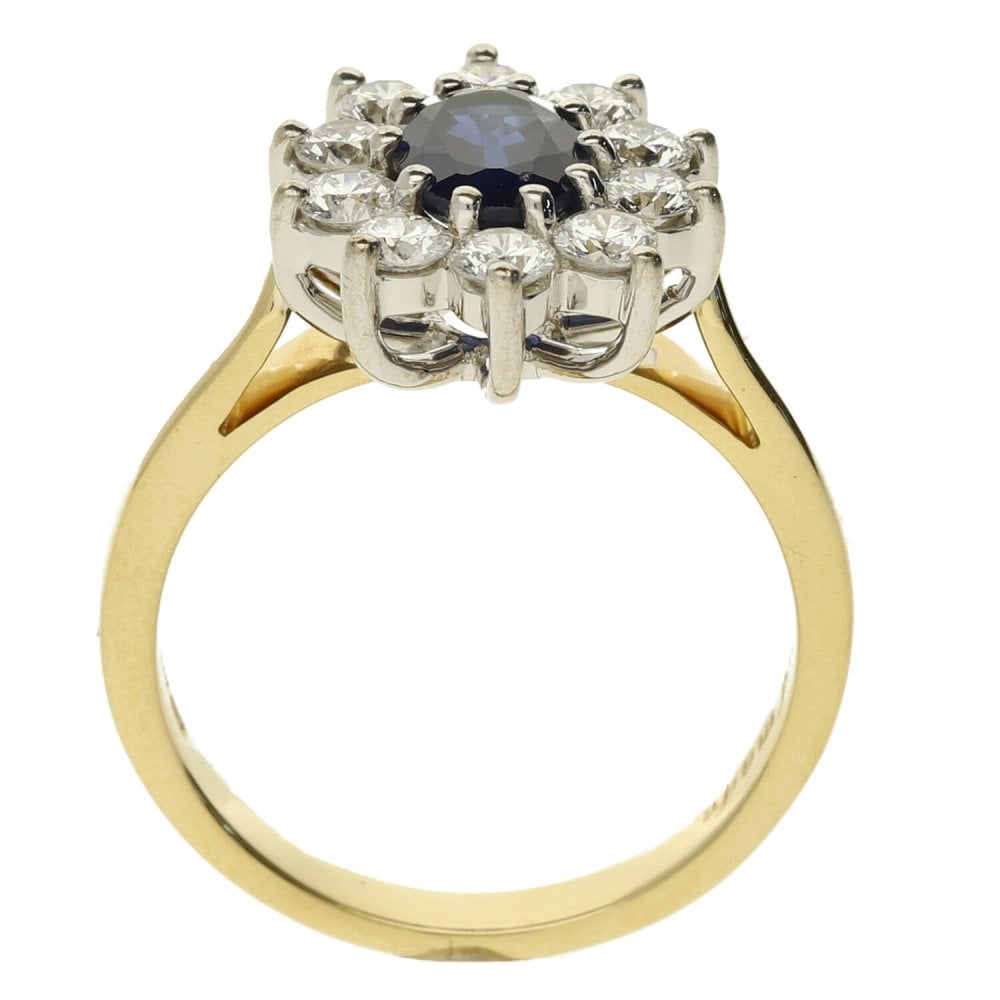 18ct Yellow Gold Diamond & Sapphire Cluster Ring - Size M