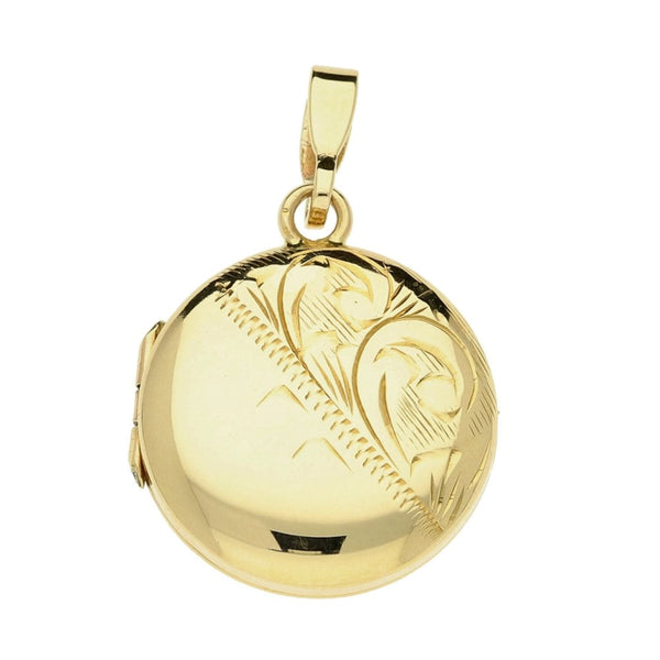 9ct Yellow Gold Round Half Engraved Feather Locket - 2.9g
