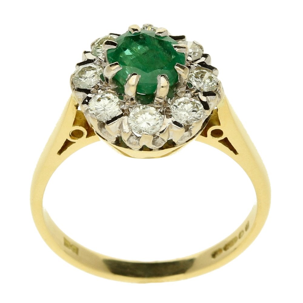 Ladies 18ct Yellow Gold Emerald & Diamond Cluster Ring - Size P½