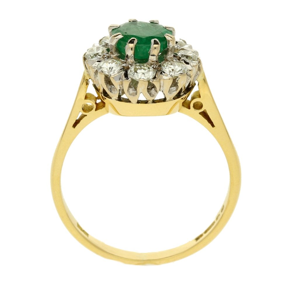 Ladies 18ct Yellow Gold Emerald & Diamond Cluster Ring - Size P½