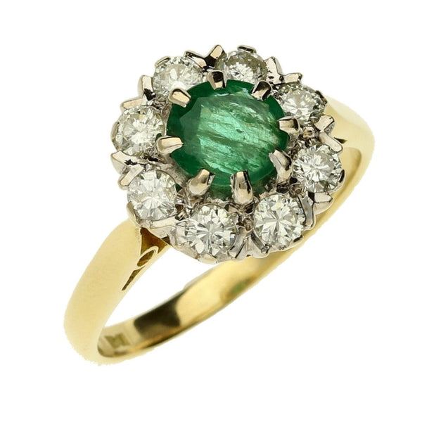 Ladies 18ct Yellow Gold Emerald & Diamond Cluster Ring - Size P½