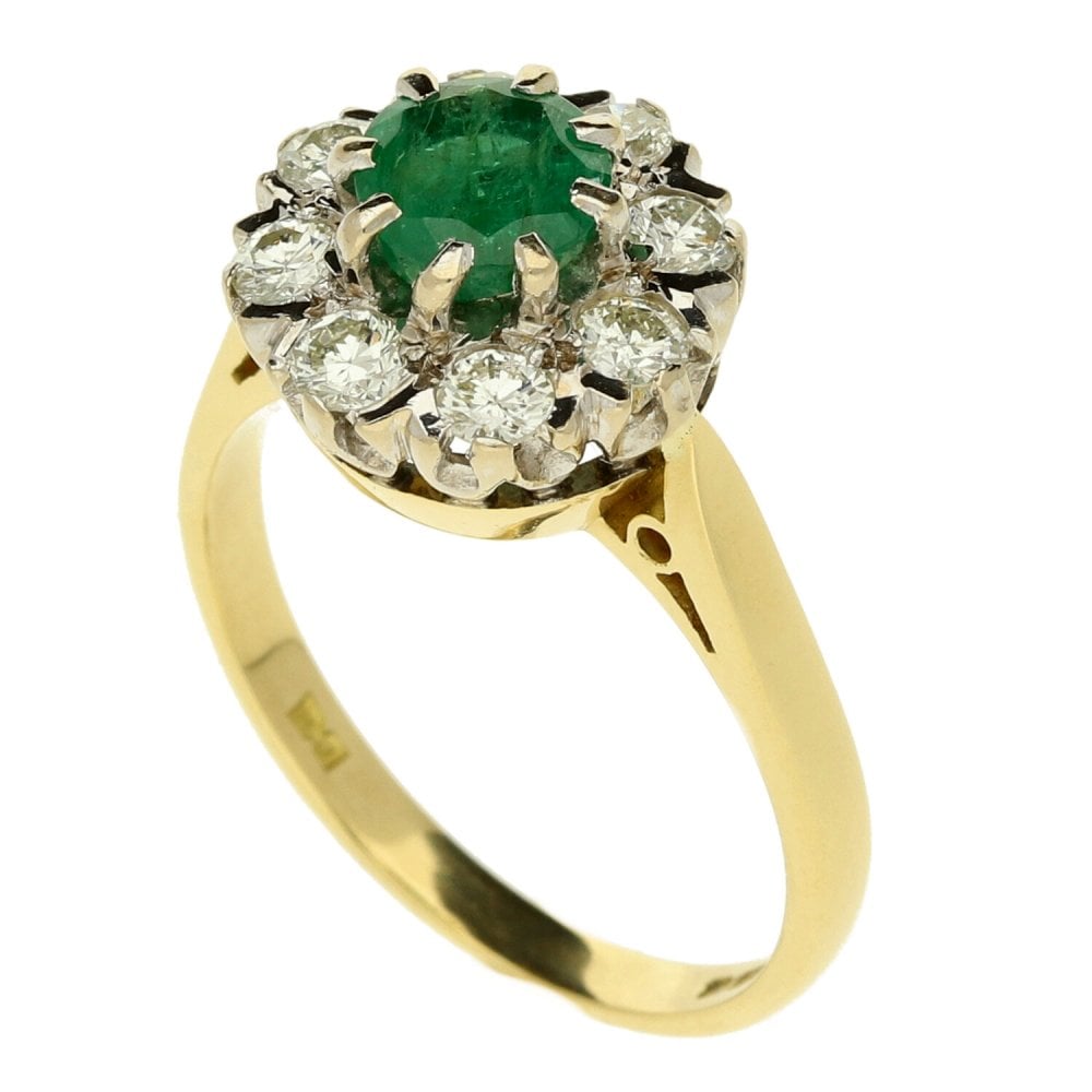 Ladies 18ct Yellow Gold Emerald & Diamond Cluster Ring - Size P½