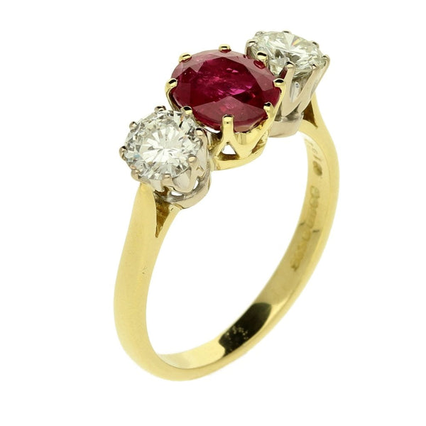 18ct Yellow Gold Diamond & Ruby Row Ring - Size N