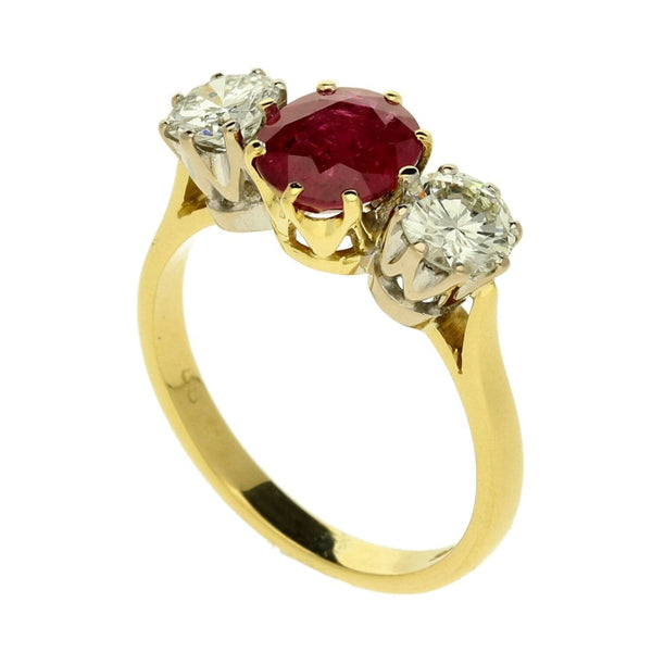 18ct Yellow Gold Diamond & Ruby Row Ring - Size N