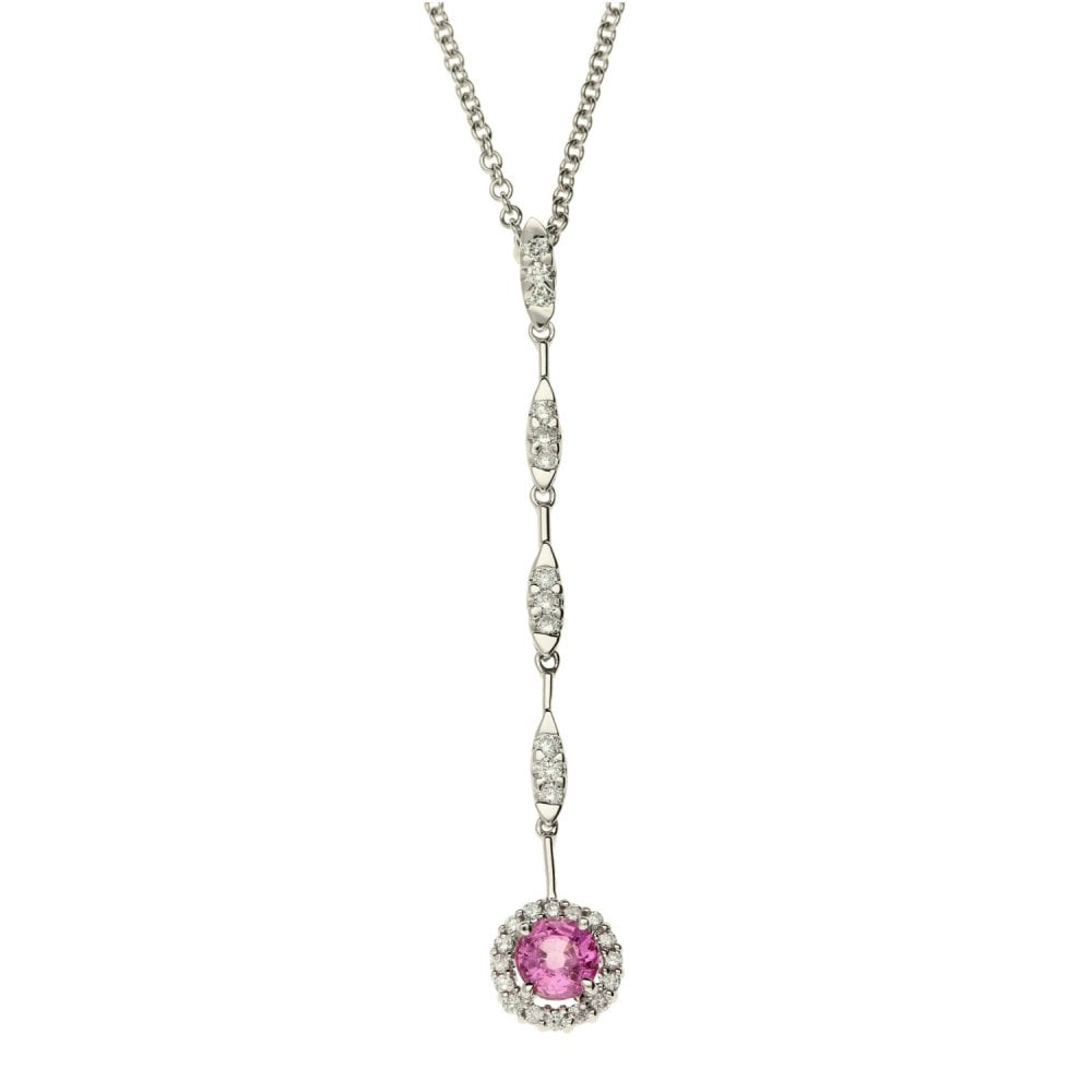 14ct White Gold Ladies Diamond & Pink Sapphire Pendant & Chain