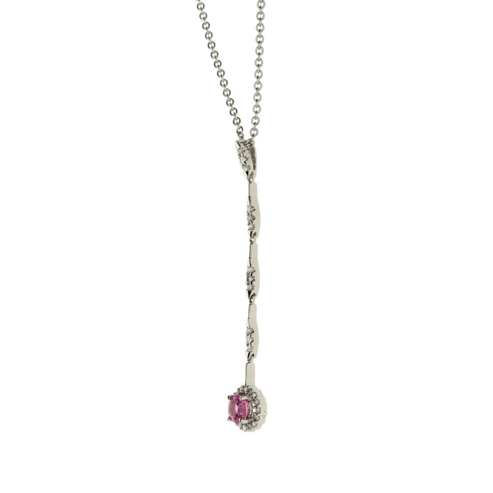 14ct White Gold Ladies Diamond & Pink Sapphire Pendant & Chain