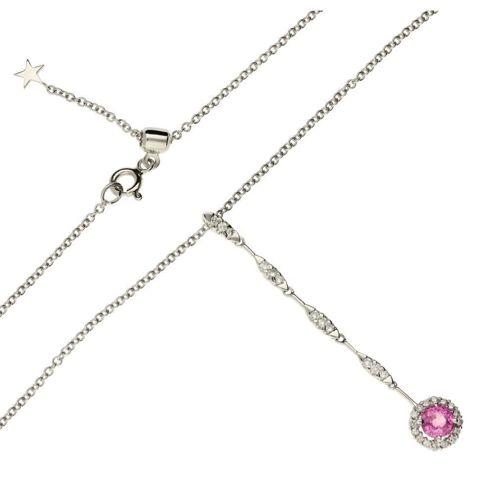 14ct White Gold Ladies Diamond & Pink Sapphire Pendant & Chain