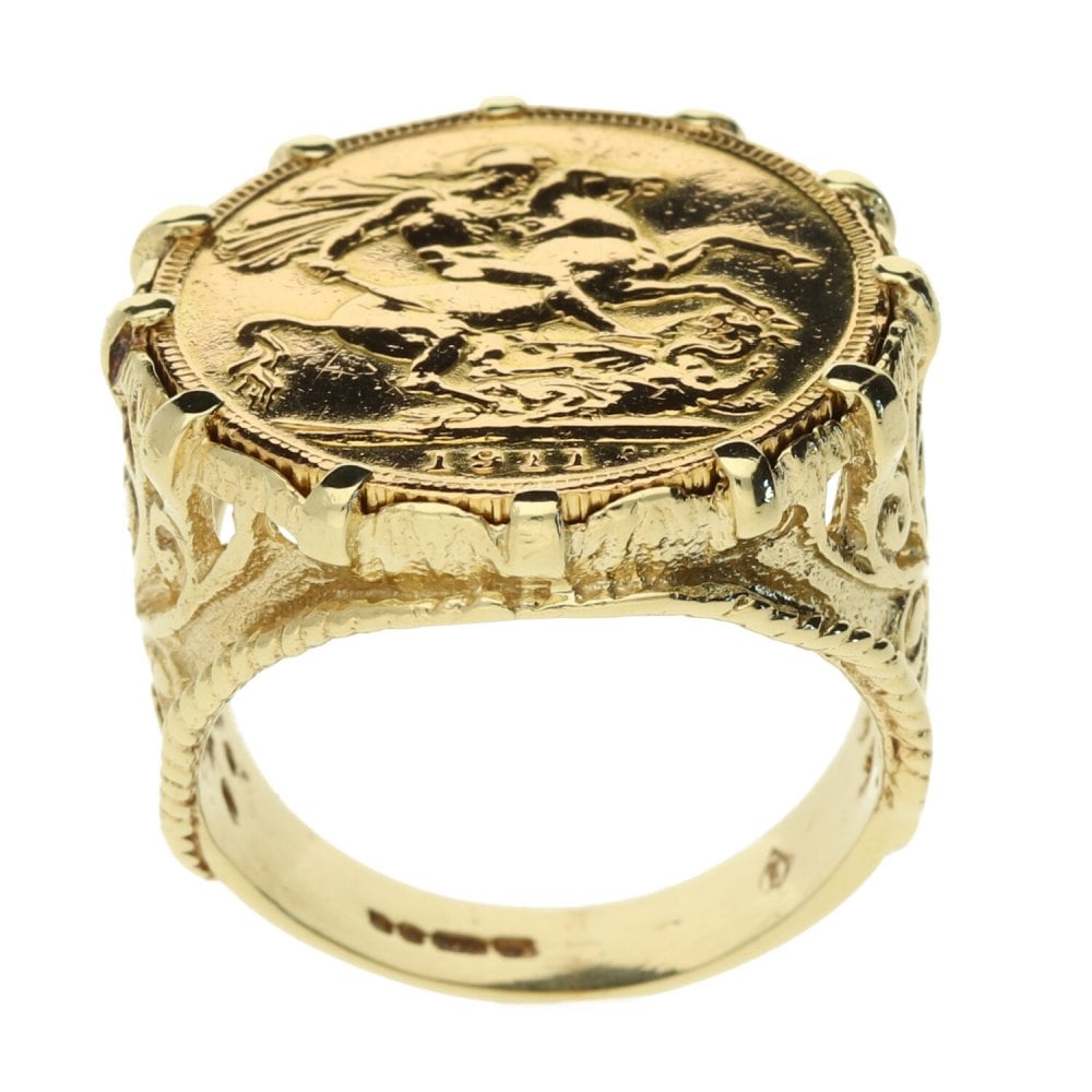 9ct Yellow Gold 1911 Full-Sovereign Coin Ring - Size T