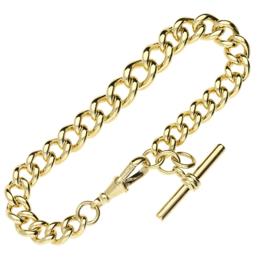 9ct Yellow Gold Gents Solid Albert Bracelet With T-Bar - 37.0g