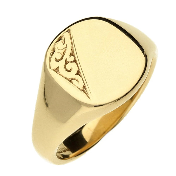 9ct Yellow Gold Gents Half Engraved Signet Ring - Size T