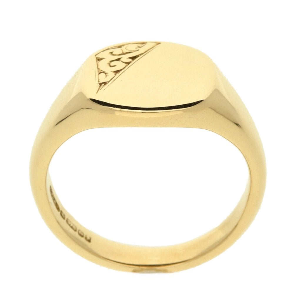9ct Yellow Gold Gents Half Engraved Signet Ring - Size T