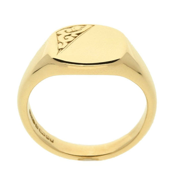 9ct Yellow Gold Gents Half Engraved Signet Ring - Size T