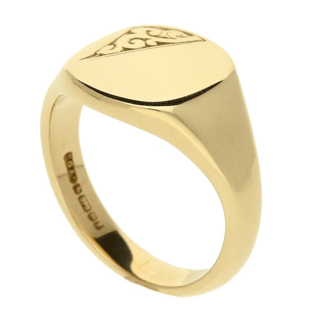 9ct Yellow Gold Gents Half Engraved Signet Ring - Size T