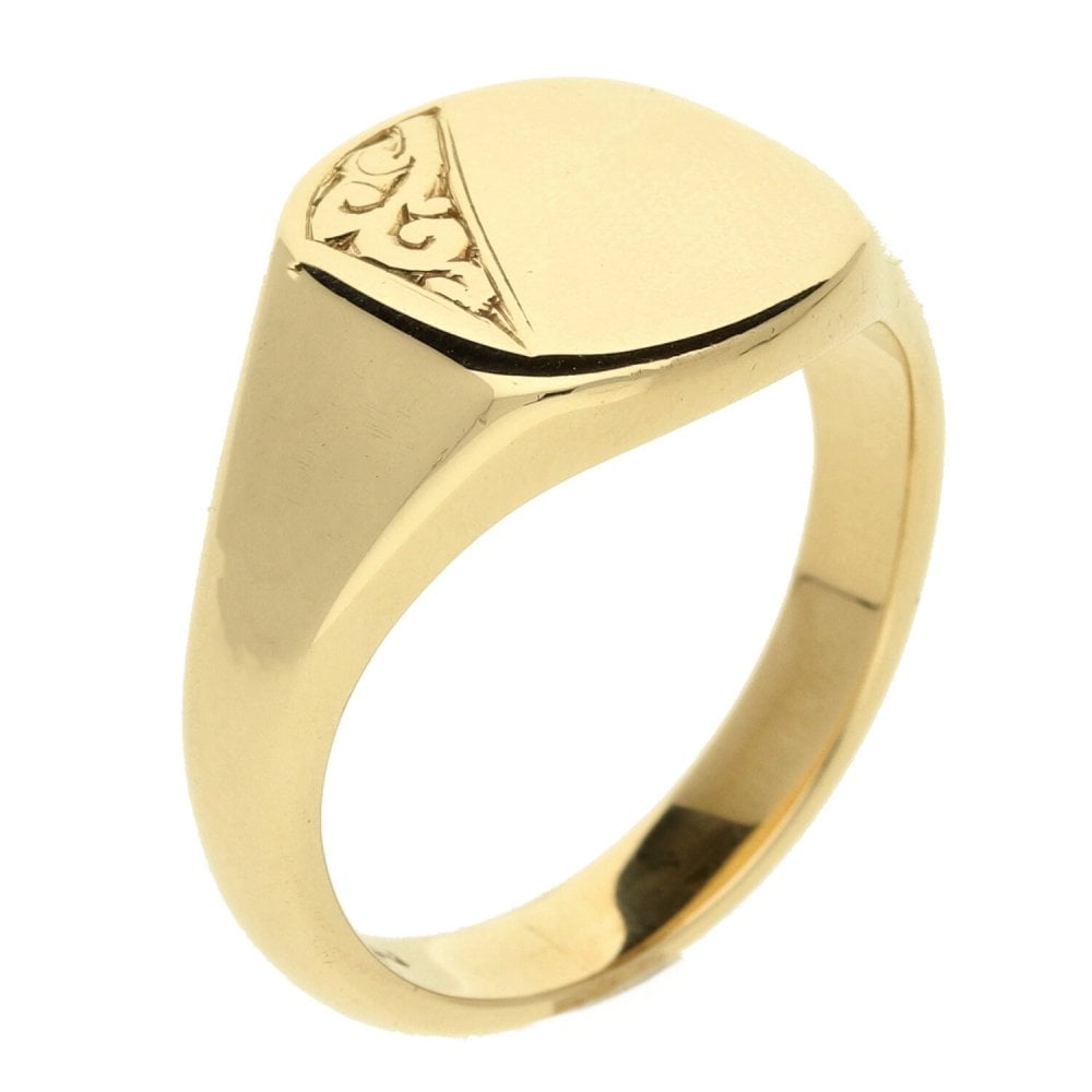 9ct Yellow Gold Gents Half Engraved Signet Ring - Size T
