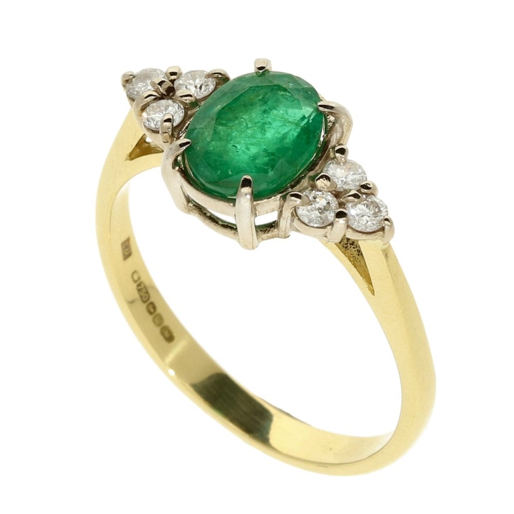 18ct Yellow Gold Emerald & Diamond Ring - Size O½