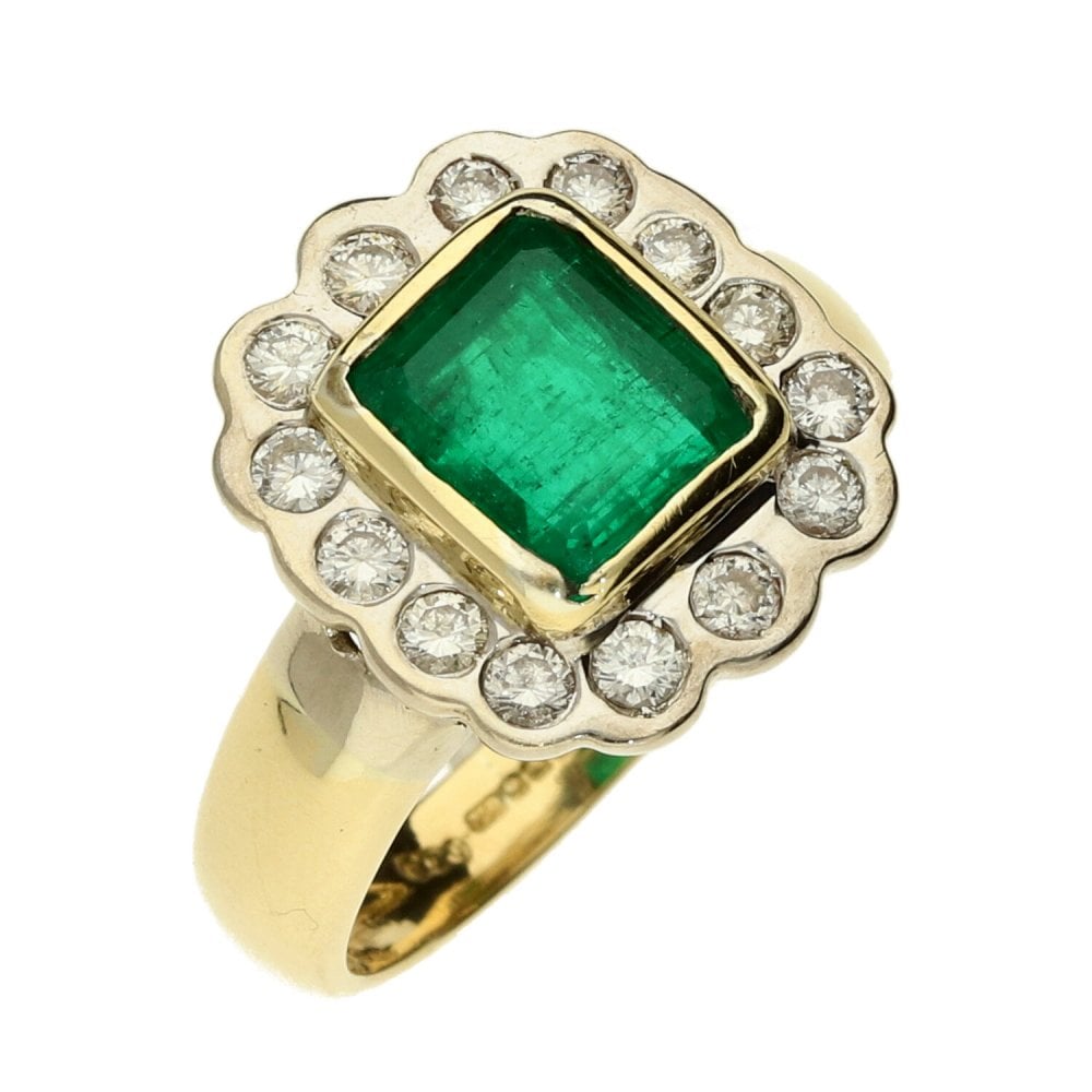 Ladies 18ct Yellow Gold Emerald & Diamond Cluster Ring - Size N