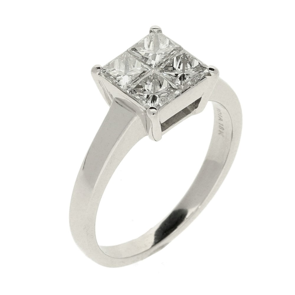 Ladies 18ct White Gold Tension Set Diamond Cluster Ring- size J
