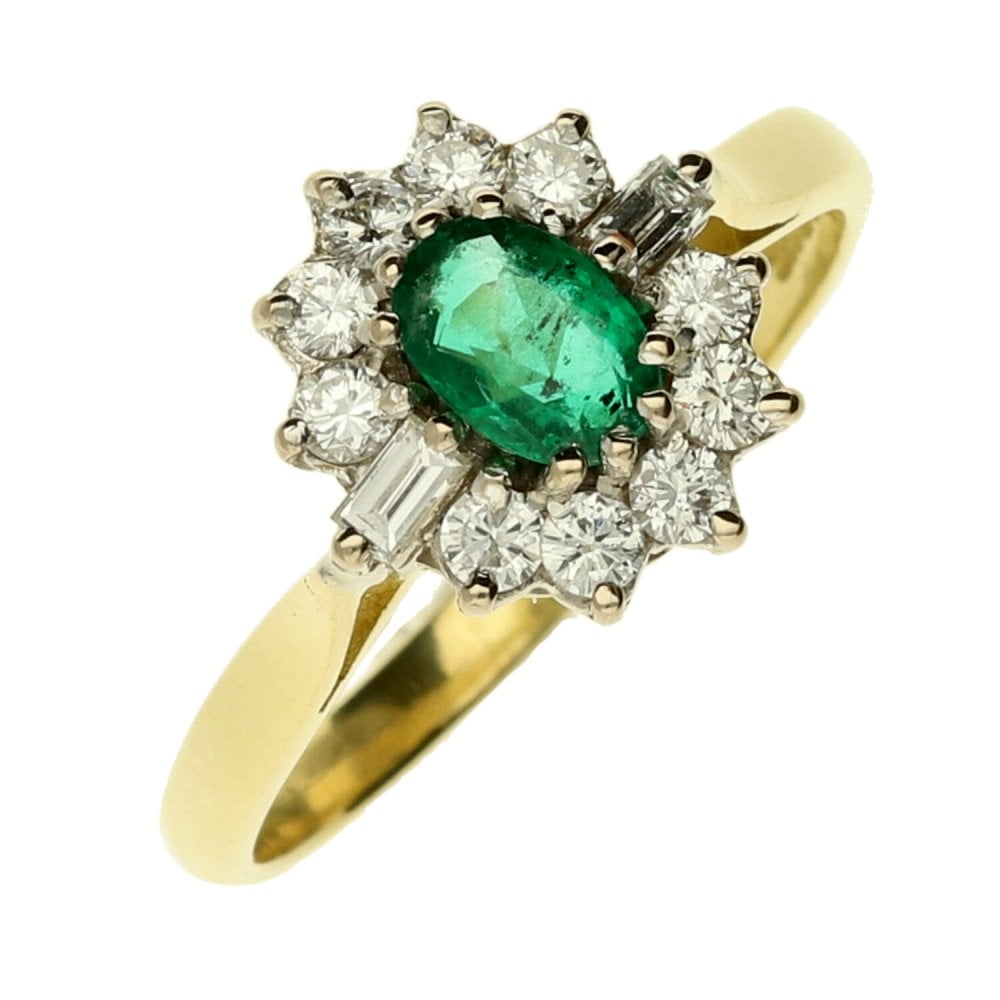 Ladies 18ct Yellow Gold Emerald & Diamond Cluster Ring-size O