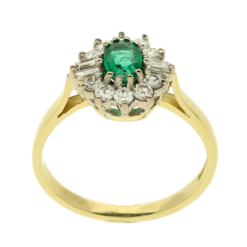 Ladies 18ct Yellow Gold Emerald & Diamond Cluster Ring-size O