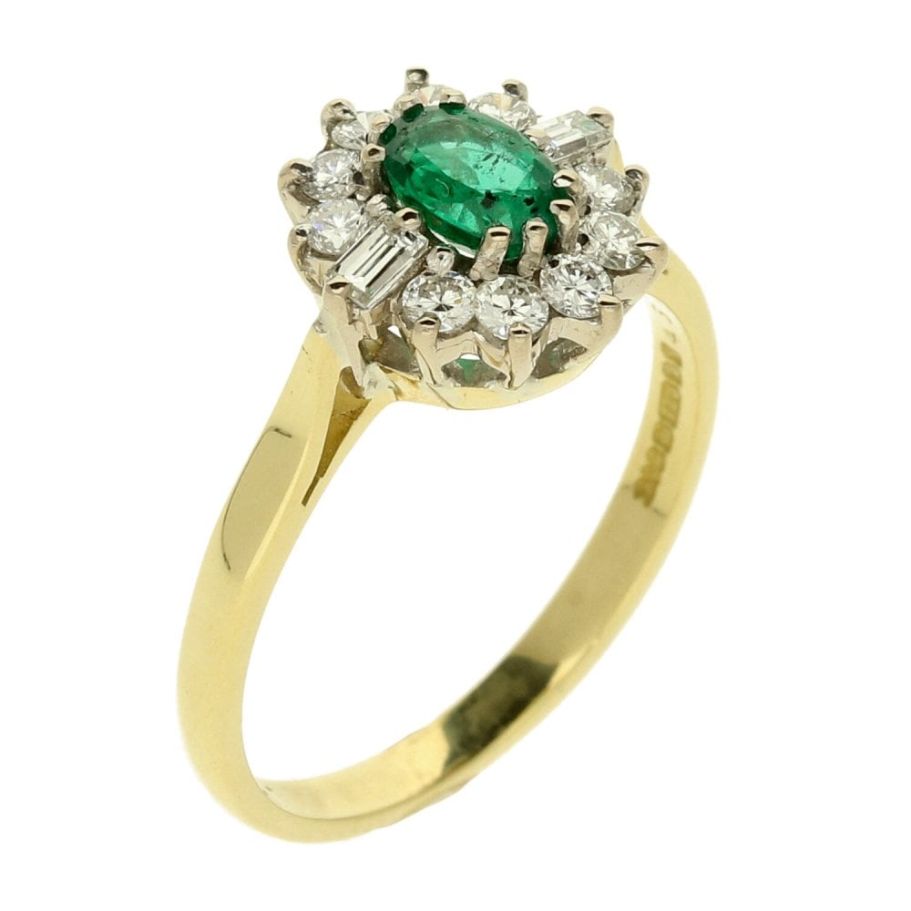 Ladies 18ct Yellow Gold Emerald & Diamond Cluster Ring-size O