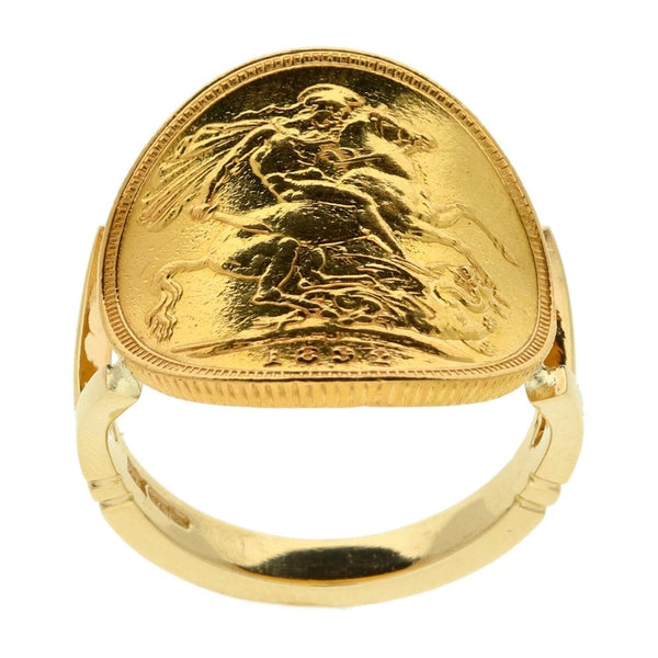 Gents 9ct Yellow Gold Full Bent Over Sovereign Ring 1892