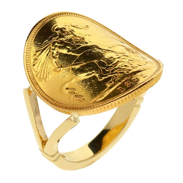 Gents 9ct Yellow Gold Full Bent Over Sovereign Ring 1892