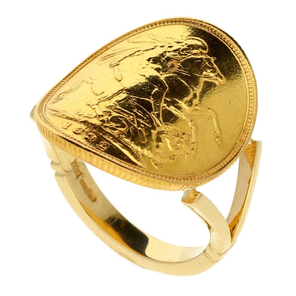 Gents 9ct Yellow Gold Full Bent Over Sovereign Ring 1892