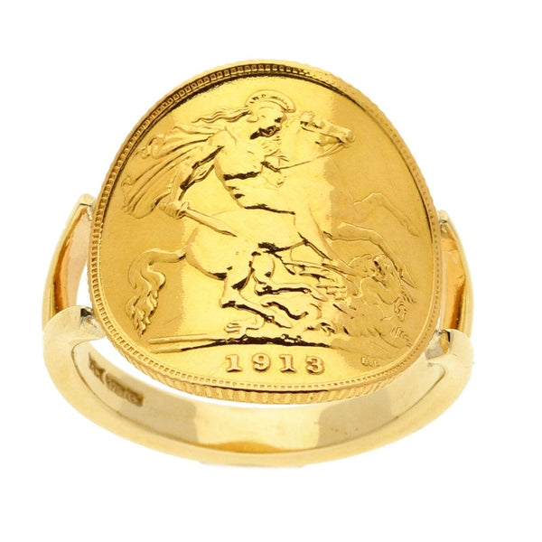 Gents 9ct Yellow Gold Half Sovereign Bent Over Ring - 1913