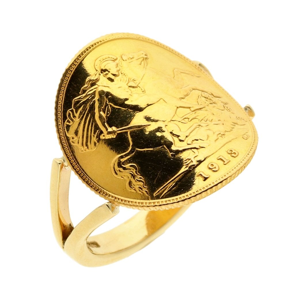 Gents 9ct Yellow Gold Half Sovereign Bent Over Ring - 1913