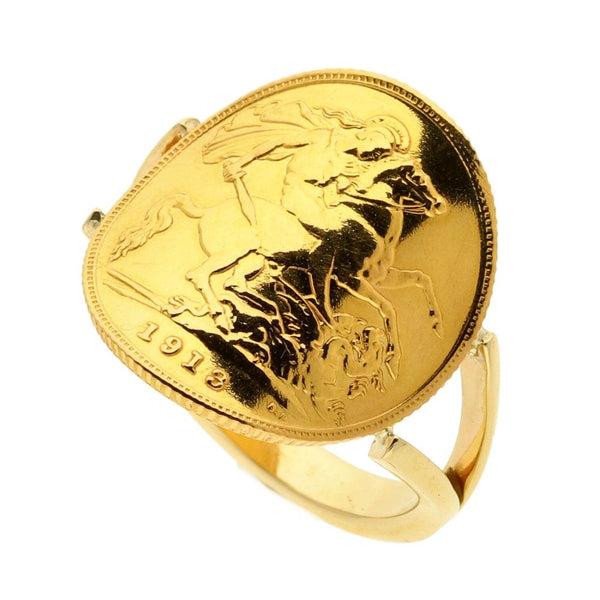 Gents 9ct Yellow Gold Half Sovereign Bent Over Ring - 1913