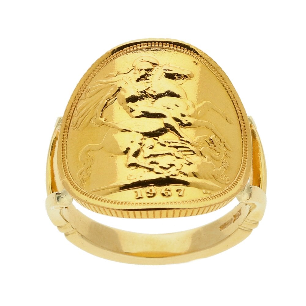 Gents 9ct Yellow Gold Bent Over Sovereign Ring - 1967