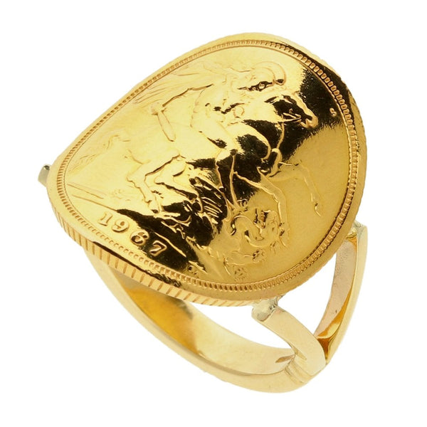 Gents 9ct Yellow Gold Bent Over Sovereign Ring - 1967