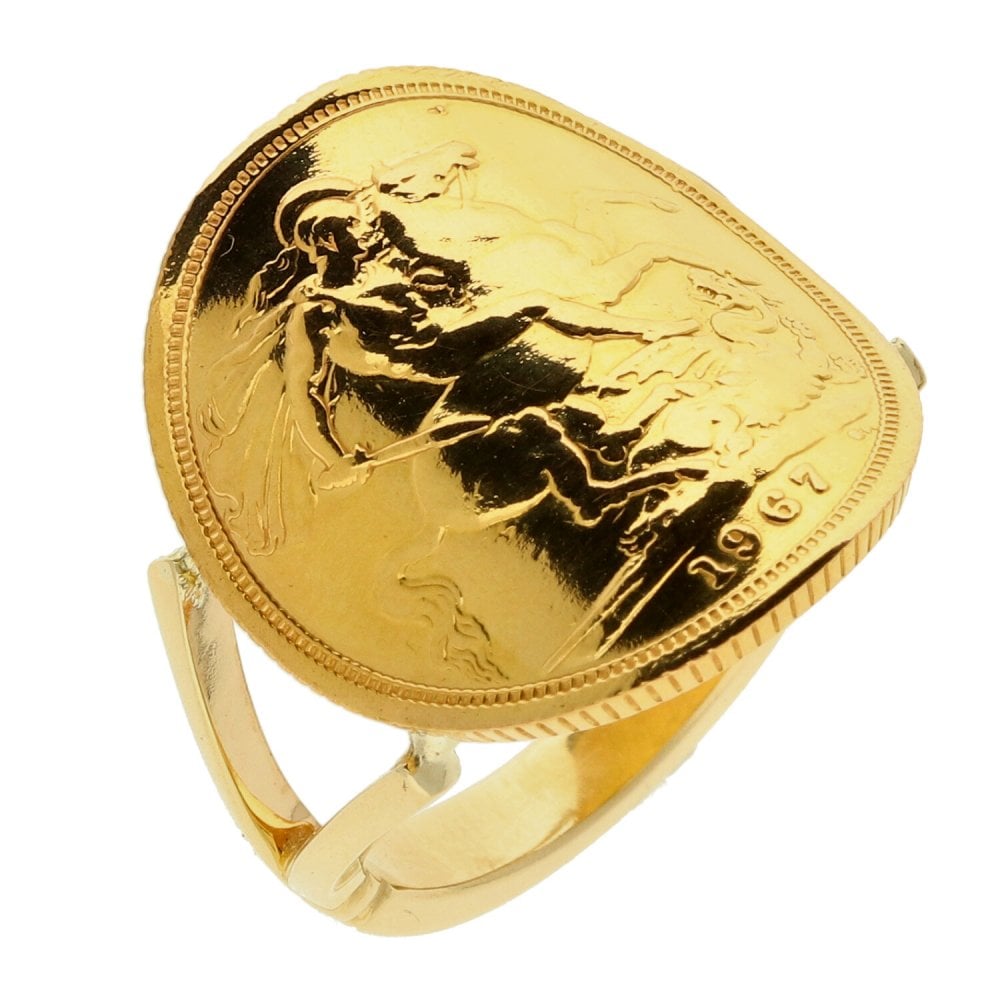 Gents 9ct Yellow Gold Bent Over Sovereign Ring - 1967