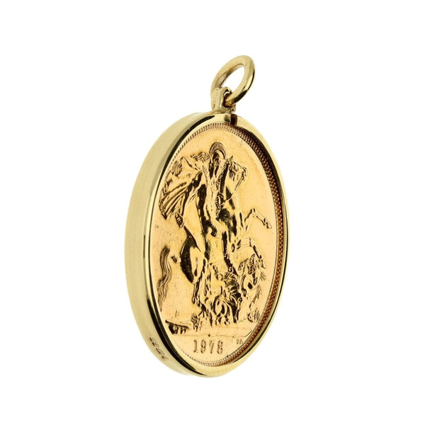 1978 9ct Yellow Gold Full Sovereign Coin Pendant - 8.8g