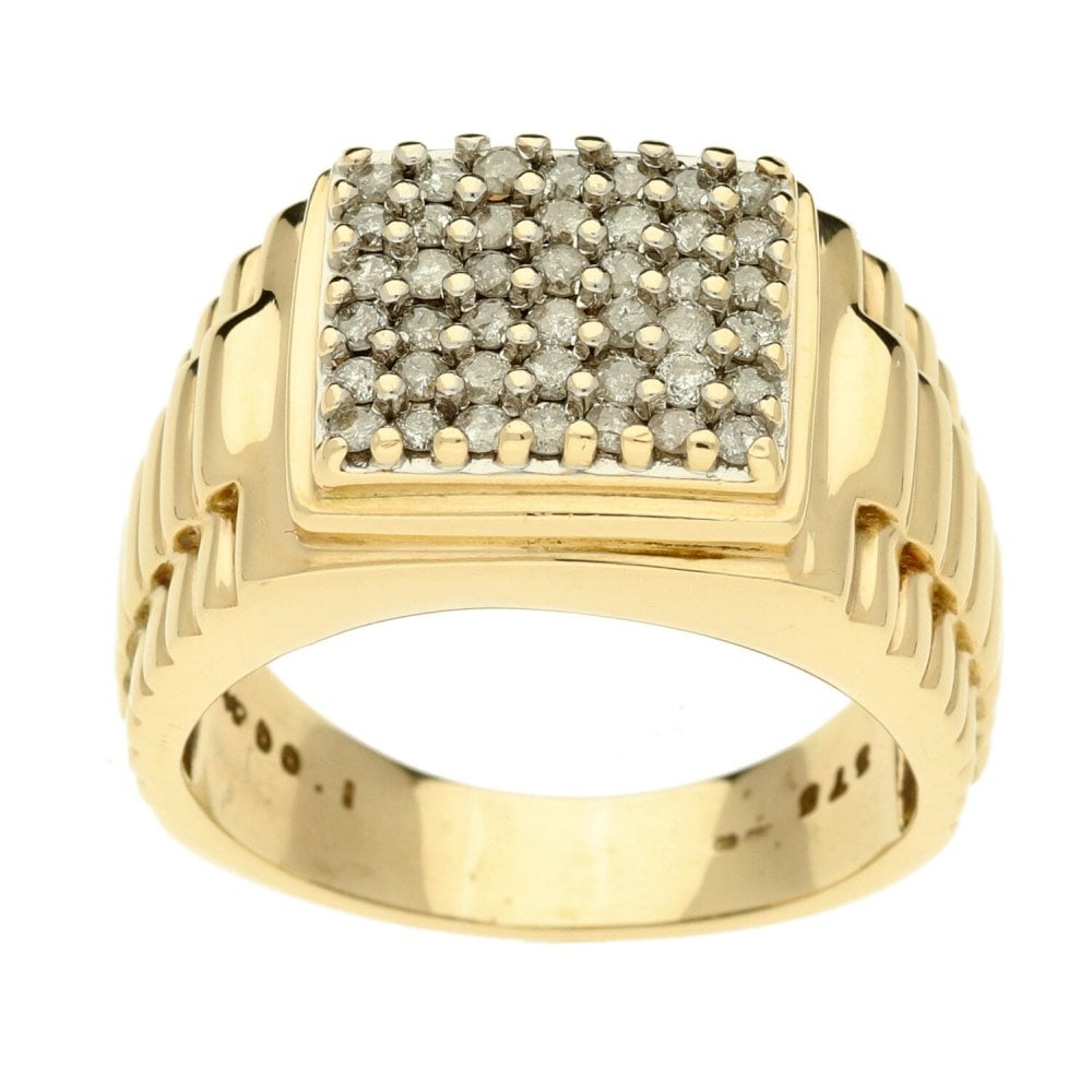 Gents 9ct Yellow Gold Diamond Square Set Ring - Size Y - 10.6g