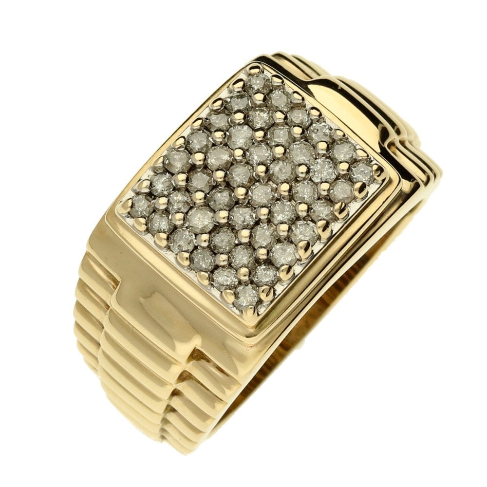 Gents 9ct Yellow Gold Diamond Square Set Ring - Size Y - 10.6g