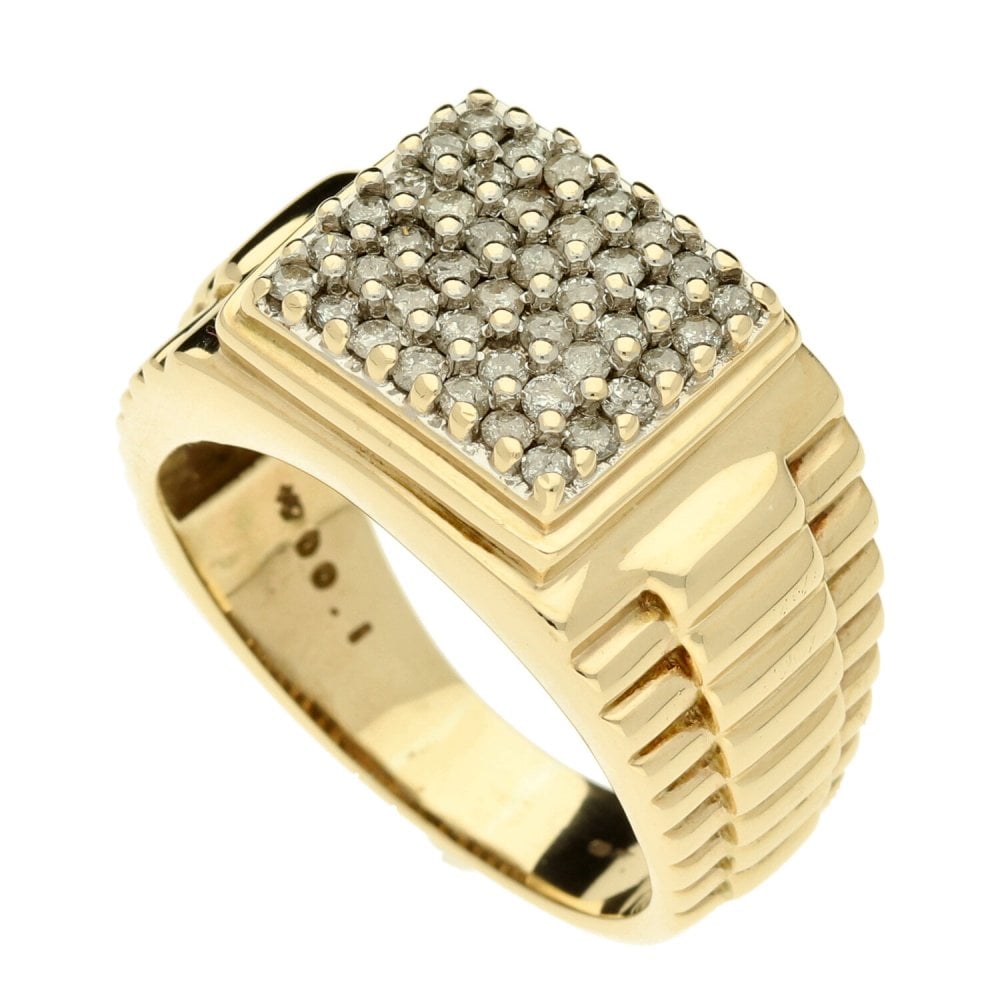Gents 9ct Yellow Gold Diamond Square Set Ring - Size Y - 10.6g