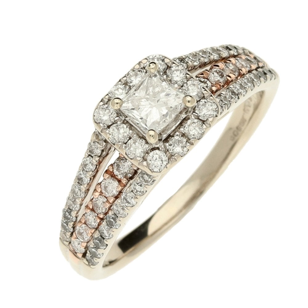 Ladies 14ct White Gold Diamond Halo & Shoulders Ring - Size P