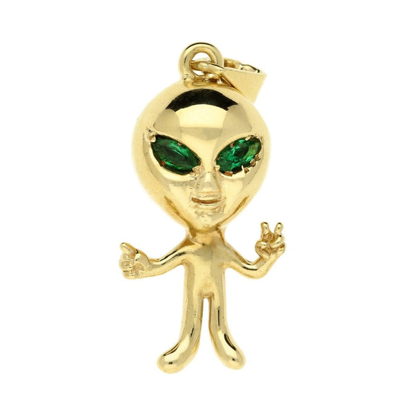 9ct Yellow Gold Alien Green Stone Set Pendant - 13.5g