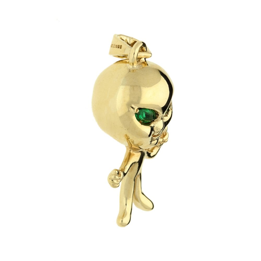 9ct Yellow Gold Alien Green Stone Set Pendant - 13.5g