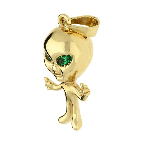 9ct Yellow Gold Alien Green Stone Set Pendant - 13.5g