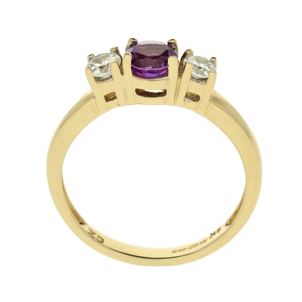 Ladies 9ct Yellow Gold Amethyst & Cubic Zirconia Ring - Size O