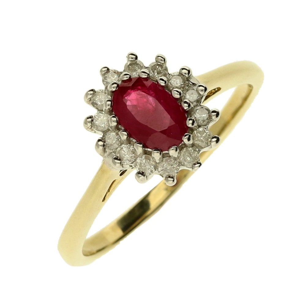 Ladies 9ct Yellow Gold Diamond & Ruby Cluster Ring - Size N