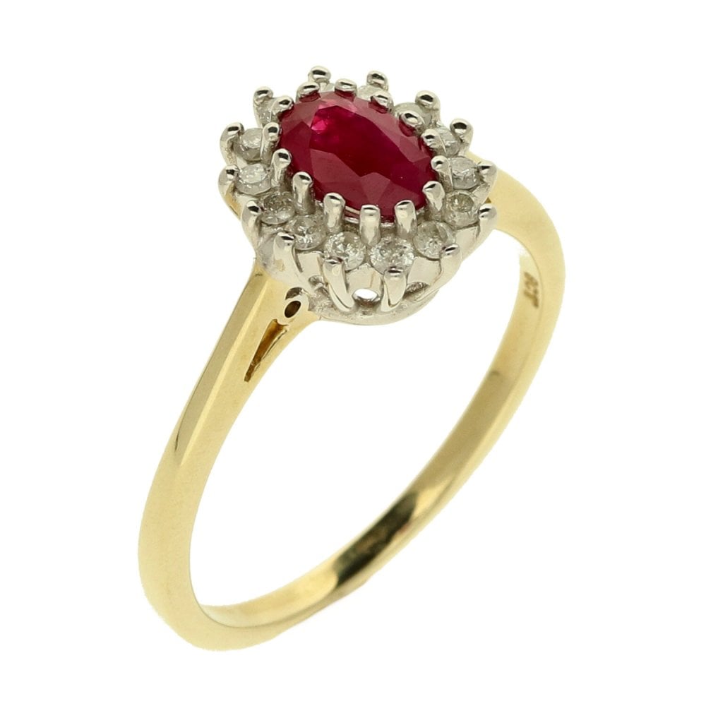 Ladies 9ct Yellow Gold Diamond & Ruby Cluster Ring - Size N