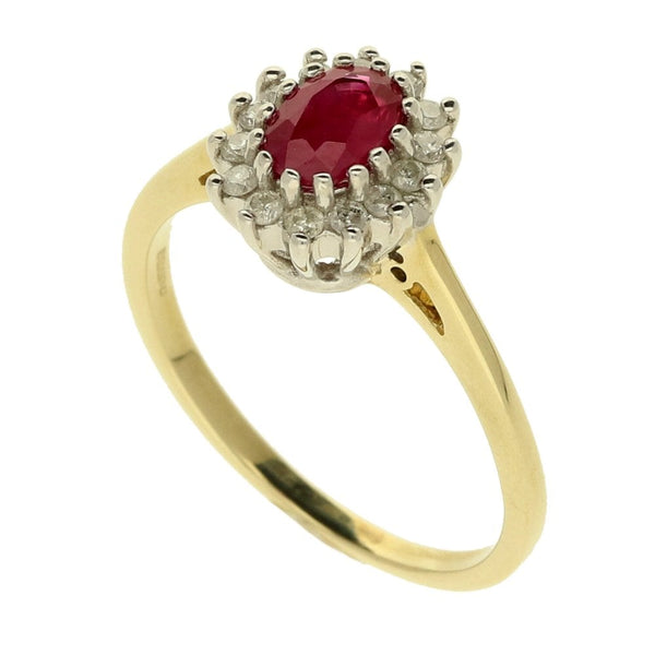 Ladies 9ct Yellow Gold Diamond & Ruby Cluster Ring - Size N