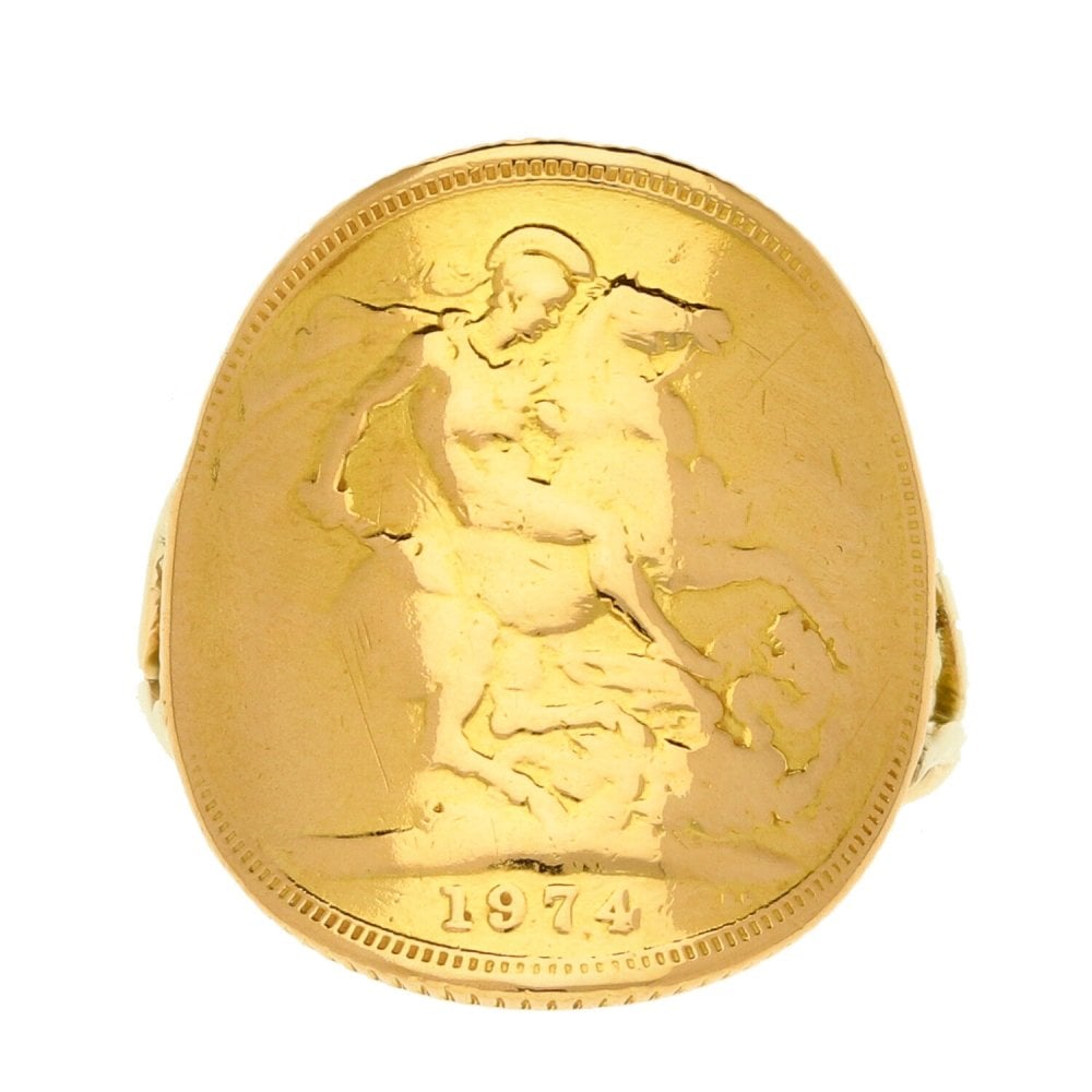 Gents 9ct Yellow Gold Full Sovereign Bent- Over Ring - 1974