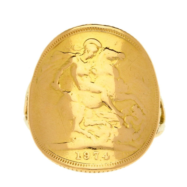 Gents 9ct Yellow Gold Full Sovereign Bent- Over Ring - 1974