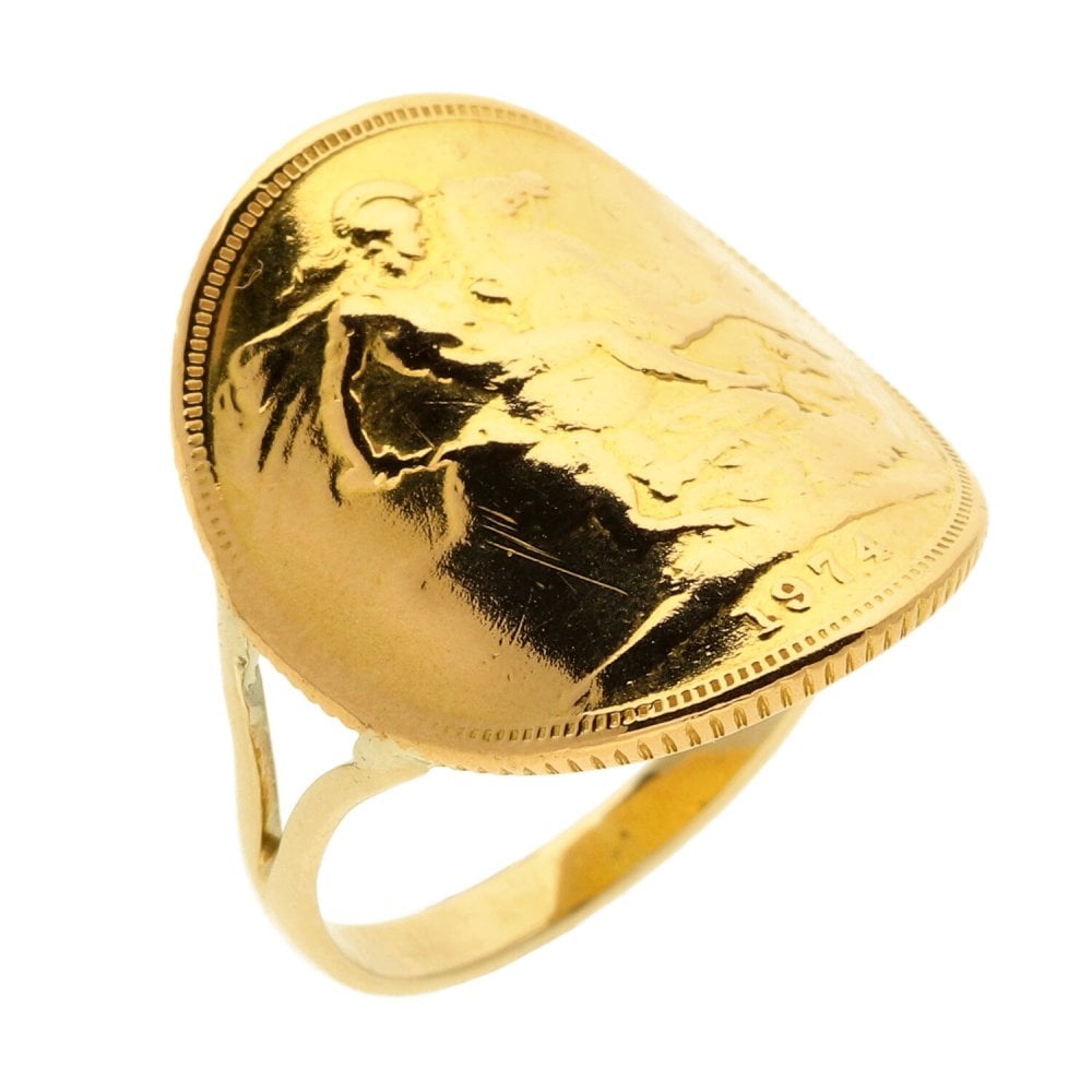Gents 9ct Yellow Gold Full Sovereign Bent- Over Ring - 1974