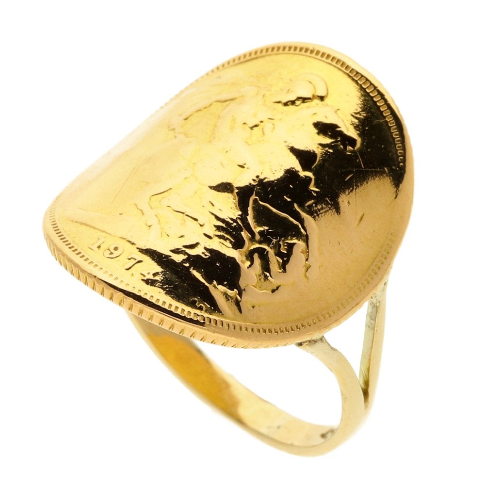 Gents 9ct Yellow Gold Full Sovereign Bent- Over Ring - 1974